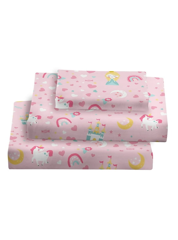 Kids Twin Sheet Set - Girls Blush Pink Twin Sheet Set - Kids Toddlers Twin Microfiber Fitted Sheets - Girls Sheet Unicorn Princess Rainbow Printed