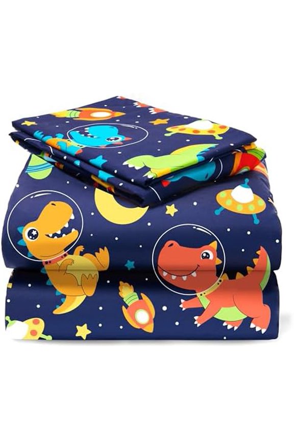 Kids Twin Sheet Set Space Dinosaur - 3 Piece Soft Microfiber Bed Sheets - Deep Pocket Wrinkle Free, Cozy Toddler Bedding Set, Fade Resistant Breathable for Boys Girls Teens