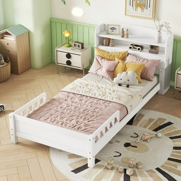 Twin Size Bed Frame with Storage , Wood Full Bed with LED Lights and Storage Headboard, Full Size Platform Bed with Slats Support ,No Box Spring Needed, White