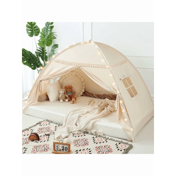 Kids Twin Size Bed Tent With Lights & Flags - Portable Foldable Canopy For Toddler Beds, Indoor Playhouse, Privacy Space For Boys & Girls, Perfect Gift For Bedroom Decor