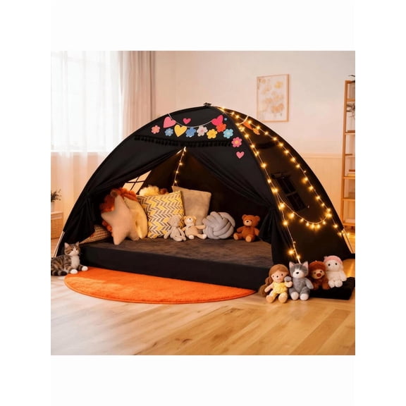 Kids Twin Size Bed Tent With Lights & Flags - Portable Foldable Canopy For Toddler Beds, Indoor Playhouse, Privacy Space For Boys & Girls, Perfect Gift For Bedroom Decor