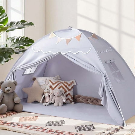 Kids Twin Size Bed Tent with Lights & Flags - Portable Foldable Canopy for Toddler Bedroom, Indoor Playhouse & Privacy Space