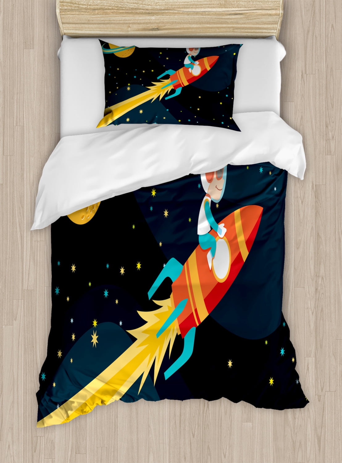 Kids Twin Size Duvet Cover Set, Boy Riding Rocket in Space Fun Childish ...