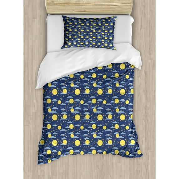 Kids Twin Size Duvet Cover Set, Smiling Full Moon Faces with Stars and Clouds Joy Sleep Cartoon, Decorative 2 Piece Bedding Set with 1 Pillow Sham, Night Blue Yellow Pale Orange, by Ambesonne