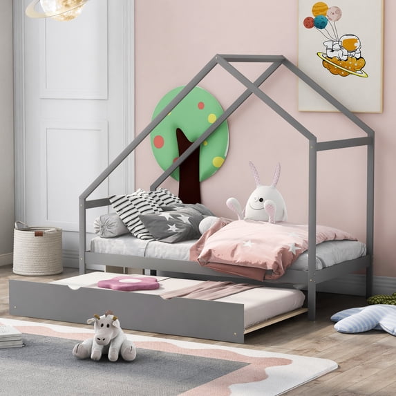 Kids Twin Size Wooden Montessori Low Platform House Bed with Twin Size Trundle for Girls Boys, 200 lbs Load Fit 8" Mattress No Box Spring Required, Gray
