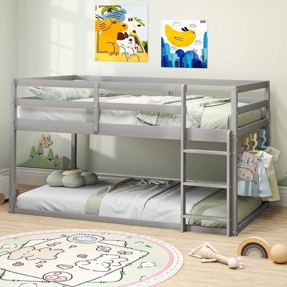 Joywind Wood Twin-over-Twin Bunk Beds with Ladder and Full Guardrails, Gray