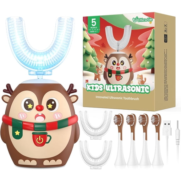 Kids U-Type Electric Toothbrush Ages 2-7, 6 Brush Head, Blue | 5 Cleaning Modes Electric Toothbrush, 60S Reminder And Memory Function, IPX7 Waterproof, Cute Cartoon Deer Design
