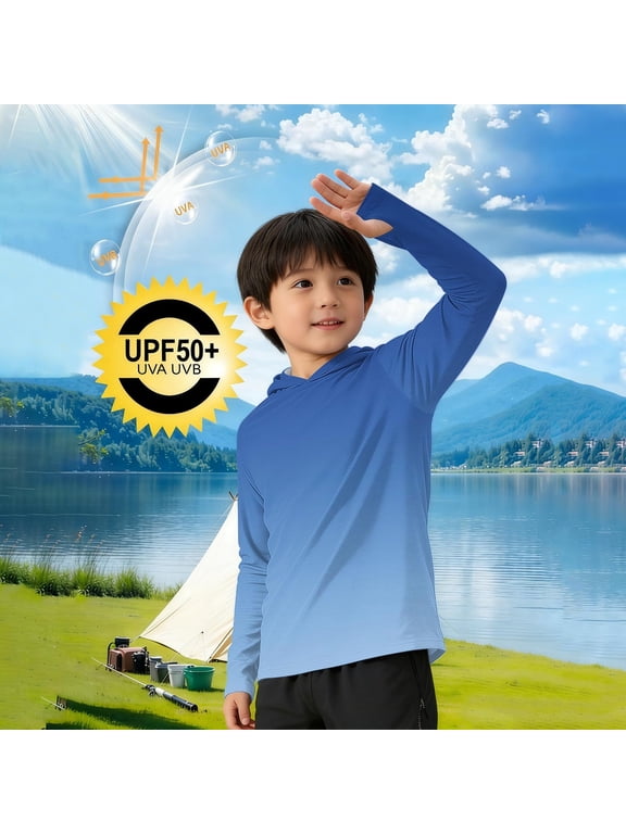 Kids UPF 50+ Sun Hoodie - Long Sleeve with Thumb Holes - Boys Girls Outdoor Hiking Summer Tops