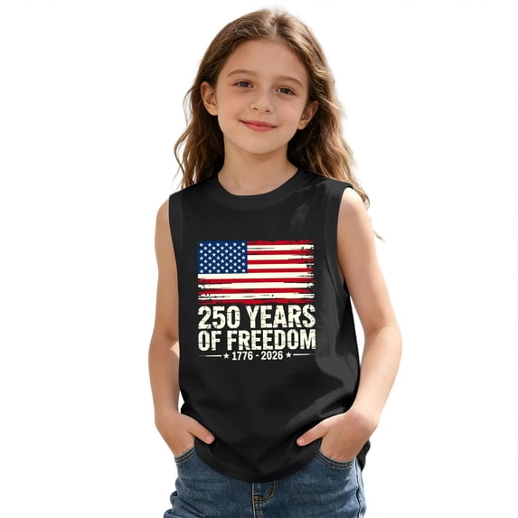 Kids USA 250th Independence Day Sleeveless Tank Top, Patriotic Flag Print Crew Neck Casual Tee for Boys Girls, Lightweight Summer Top for 4th of July(Black2,4-5 Years)