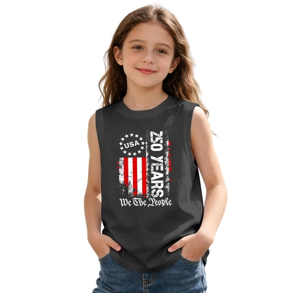 Kids USA 250th Independence Day Sleeveless Tank Top, Patriotic Flag Print Crew Neck Casual Tee for Boys Girls, Lightweight Summer Top for 4th of July(Grey1,3-4 Years)