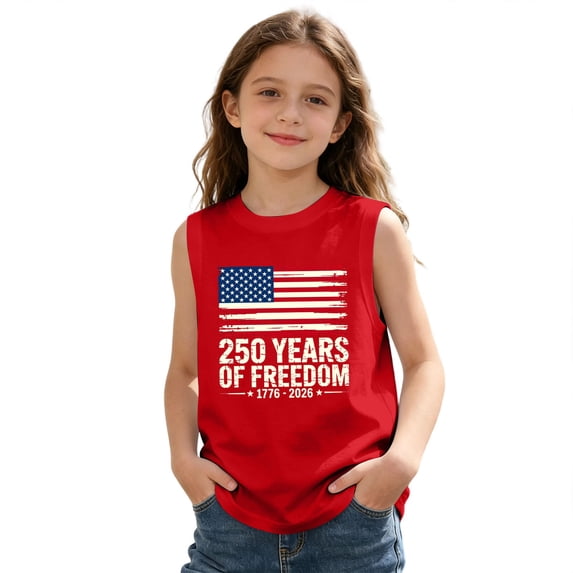 Kids USA 250th Independence Day Sleeveless Tank Top, Patriotic Flag Print Crew Neck Casual Tee for Boys Girls, Lightweight Summer Top for 4th of July(Red2,3-4 Years)