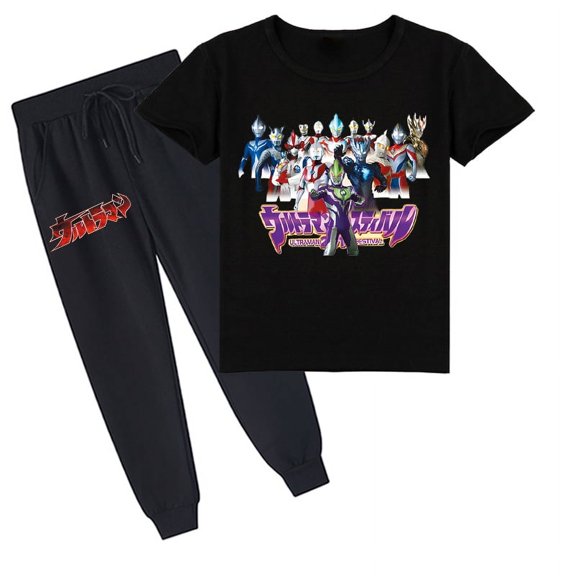 Kids Ultraman Print Graphic Cotton Short T-shirt Long Pants 2 Pieces Sweatsuit Outfits Boys Girls Summer Clothes