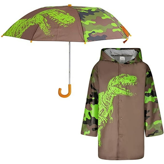 Rising Star Kids Jackets and Rain Coat Set for Boys, 7-9 Years - Boys Raincoat with Hood, Matching Kids Umbrella, Boys Rain Jacket in Dino/Camo Design