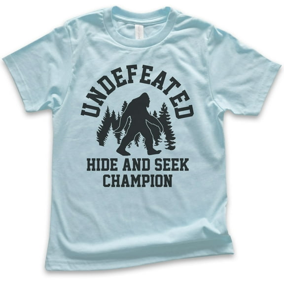 Kids Undefeated Hide and Seek Champion Shirt, Youth Kids Boy Girl T-Shirt, Bigfoot Yeti, Sasquatch, Squatch Tee, Light Blue, Medium