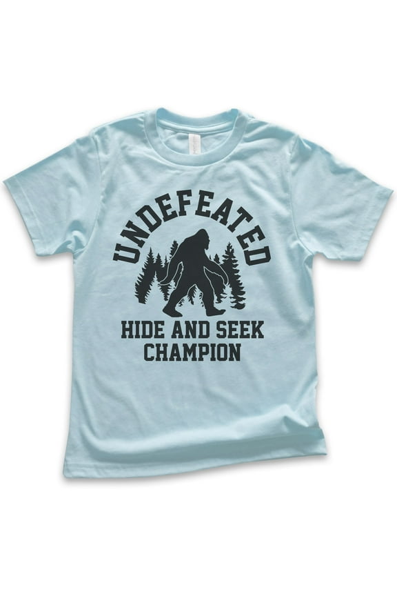 Kids Undefeated Hide and Seek Champion Shirt, Youth Kids Boy Girl T-Shirt, Bigfoot Yeti, Sasquatch, Squatch Tee, Light Blue, Medium