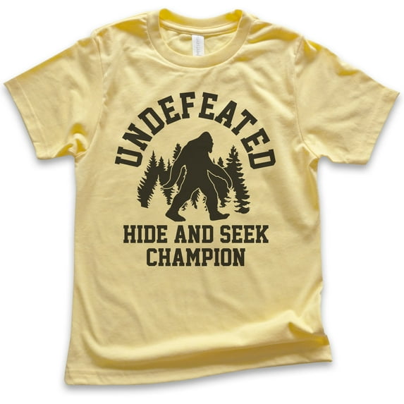 Kids Undefeated Hide and Seek Champion Shirt, Youth Kids Boy Girl T-Shirt, Bigfoot Yeti, Sasquatch, Squatch Tee, Yellow, Medium