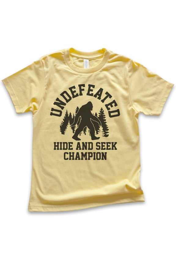 Kids Undefeated Hide and Seek Champion Shirt, Youth Kids Boy Girl T-Shirt, Bigfoot Yeti, Sasquatch, Squatch Tee, Yellow, X-Small