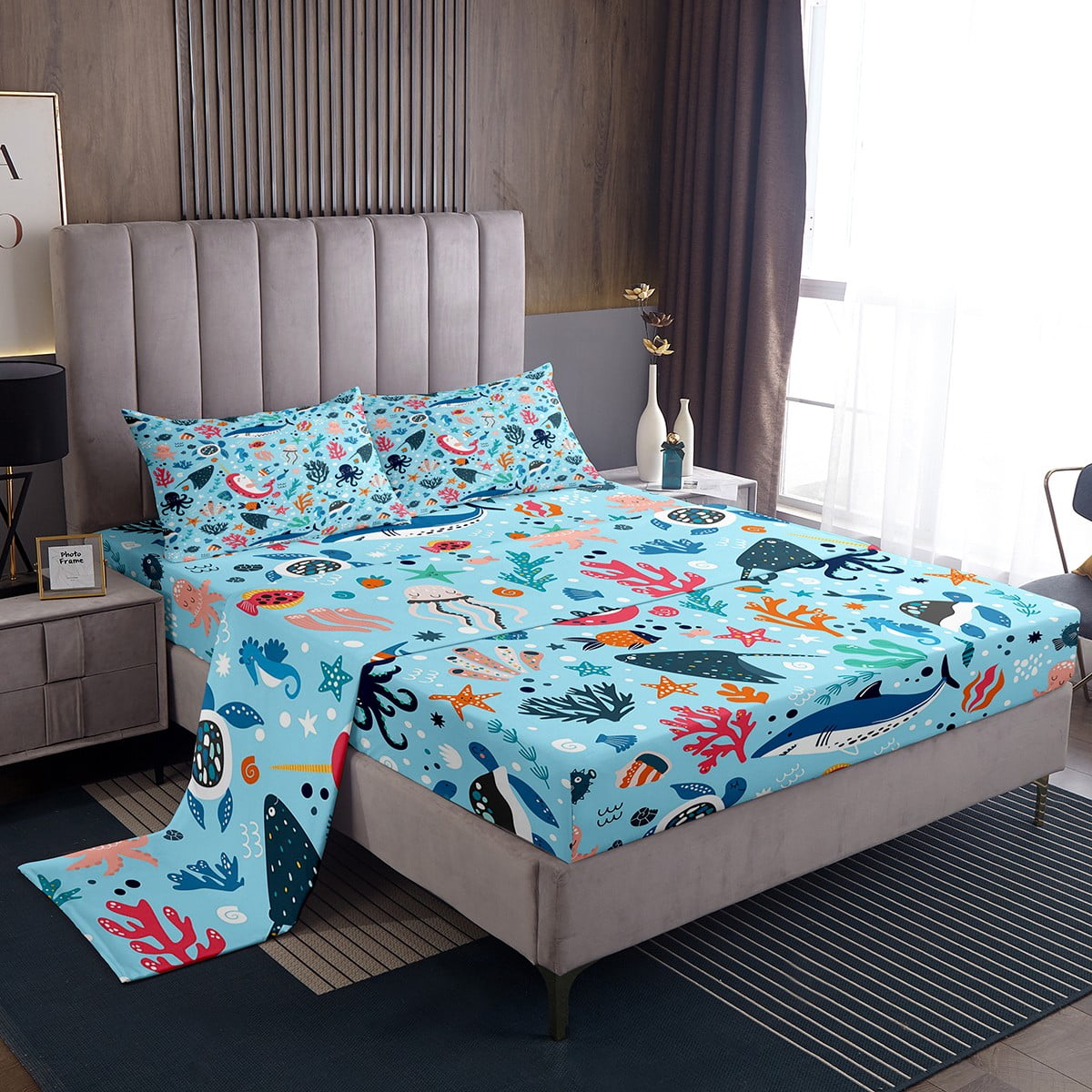 Kids Underwater World Bed Sheets Set King Size, Cute Dolphin Shark