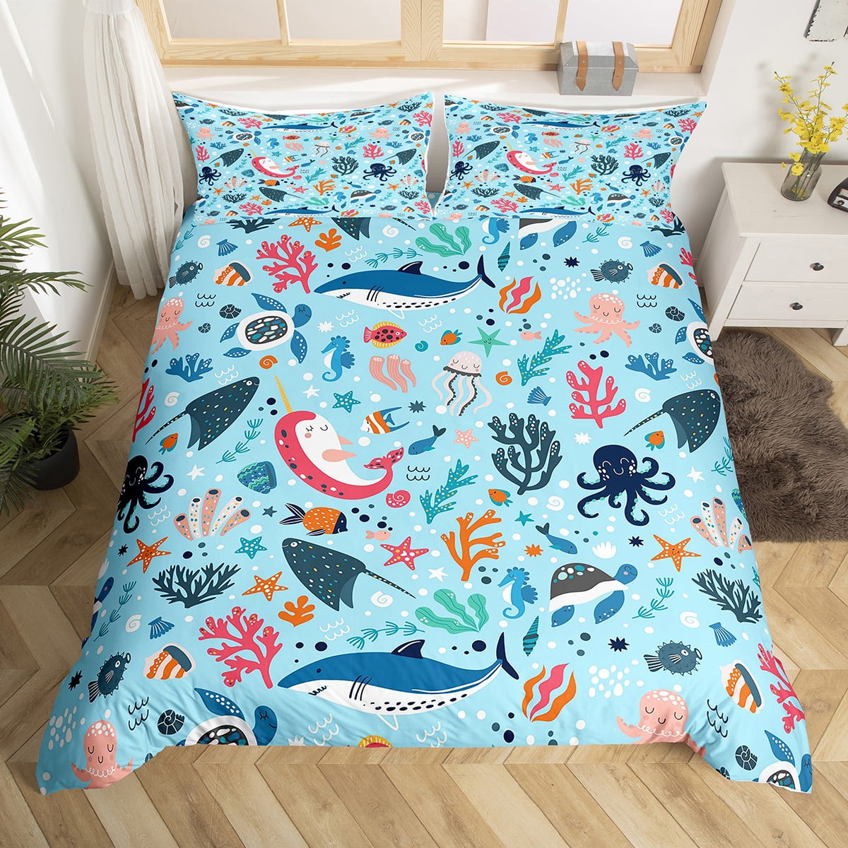 Kids Underwater World Duvet Cover Twin, Cute Dolphin Shark Comforter