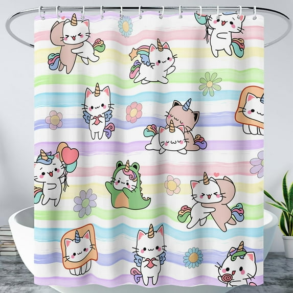 Kids Unicorn Cat Shower Curtain for Bathroom,Cute Cartoon Rainbow Unicorn Bath Curtain,Kawaii Kitted Themed Polyester Waterproof Shower Curtain for Girls Teens,Washable 72" W x 84" H