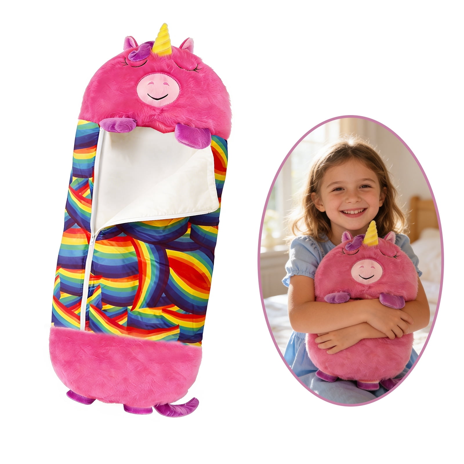 Kids Unicorn Sleeping Bag with Pillow - 2-in-1 Foldable, All Seasons, Soft & Warm (45"x19")-Pink