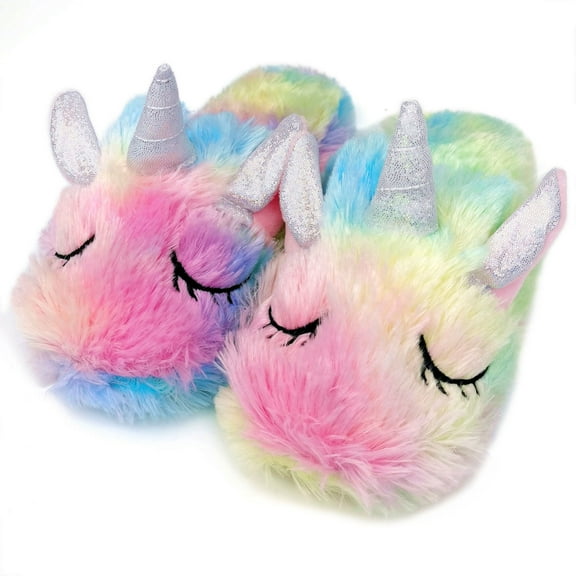 Kids Unicorn Slippers with Rubber Soles for Girls Boys Home Plush Shoes Indoor Anti Slip Cute Warm Blue Y22
