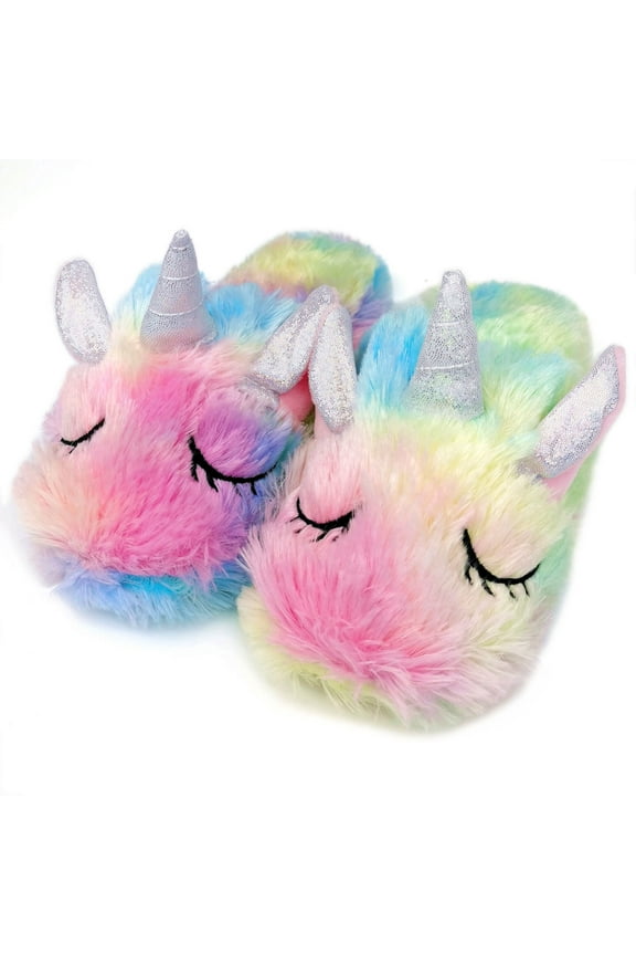 Kids Unicorn Slippers with Rubber Soles for Girls Boys Home Plush Shoes Indoor Anti Slip Cute Warm Blue Y22
