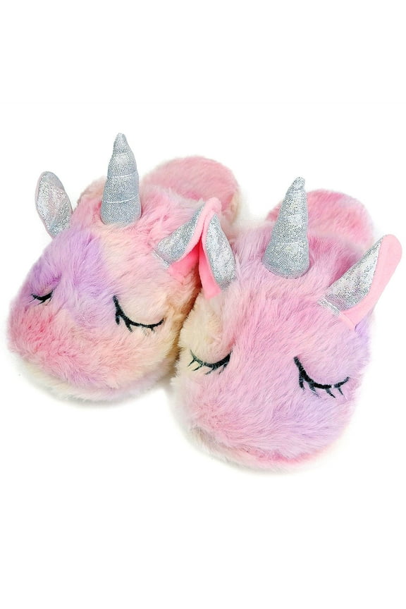 Kids Unicorn Slippers with Rubber Soles for Girls Boys Home Plush Shoes Indoor Anti Slip Cute Warm Pink Z17