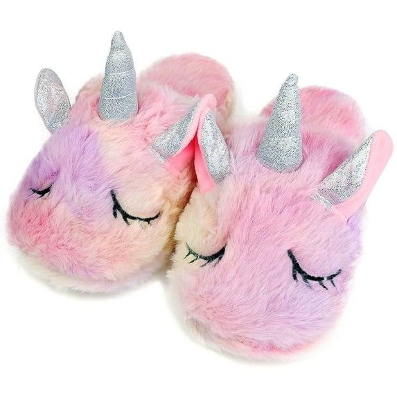 Kids Unicorn Slippers with Rubber Soles for Girls Boys Home Plush Shoes Indoor Anti Slip Cute Warm Pink Z22