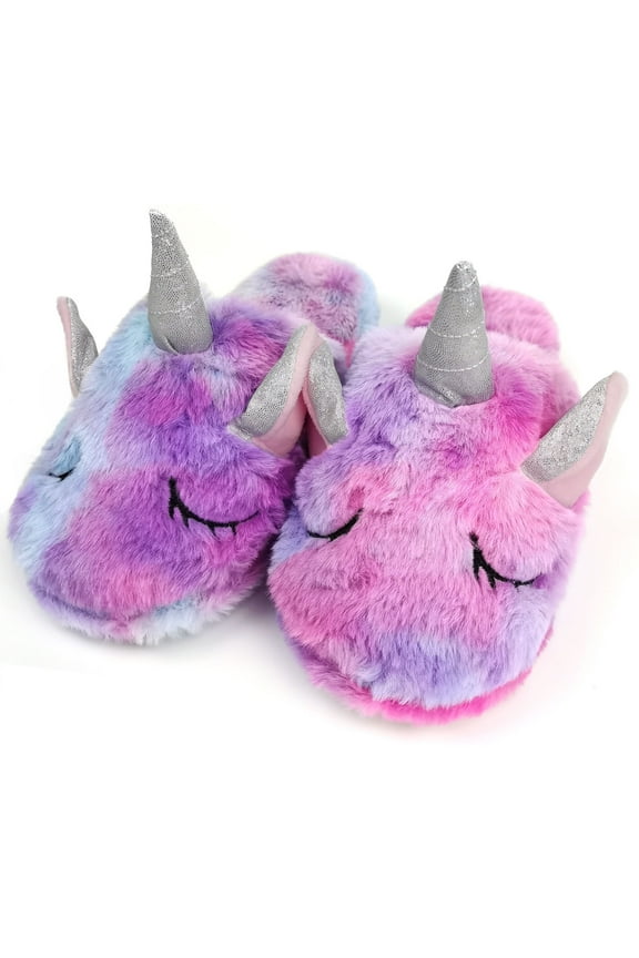 Kids Unicorn Slippers with Rubber Soles for Girls Boys Home Plush Shoes Indoor Anti Slip Cute Warm Purple X22