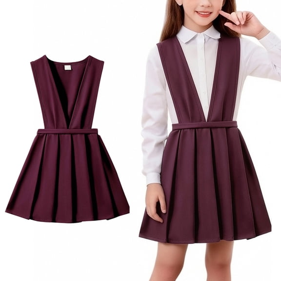 Kids Uniform Dresses for Girls Pleated Knee Length Sleeveless Red Uniform Dresses for Girls Back To School Outfits for Girls Kids School Uniform for Girls 6-7 Years