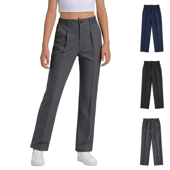 Kids Uniform Pants Elastic Waist Straight Boys Slim Fit Unisex Grey School Uniform Pants Girls Back to School Clothes Size 4-18 Years