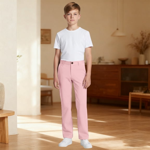 Kids Uniforms for Boys Straight Pants with Pockets Pull On Chino Pants Stretch Pants Pink Pants for Boys Uniform Back To School Clothes Teen Boys Pants Size 13-14 Years