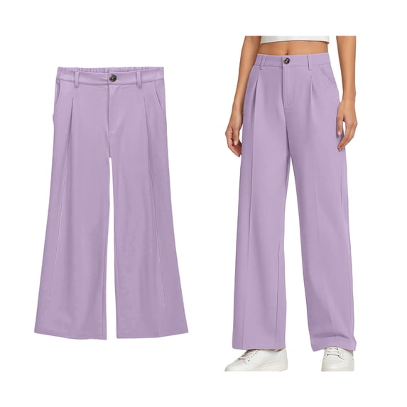Kids Uniforms for Girls Dress Pants Adjustable Waist Straight Pants with Pockets Kids Purple Pants Back To School Slim Fit Uniform Dresses for Girls 6-7 Years
