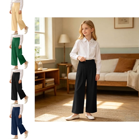 Kids Uniforms for Girls Wide Leg Dress Pants with Pockets Back To School Pull-On Outfits Size 9-10 Years