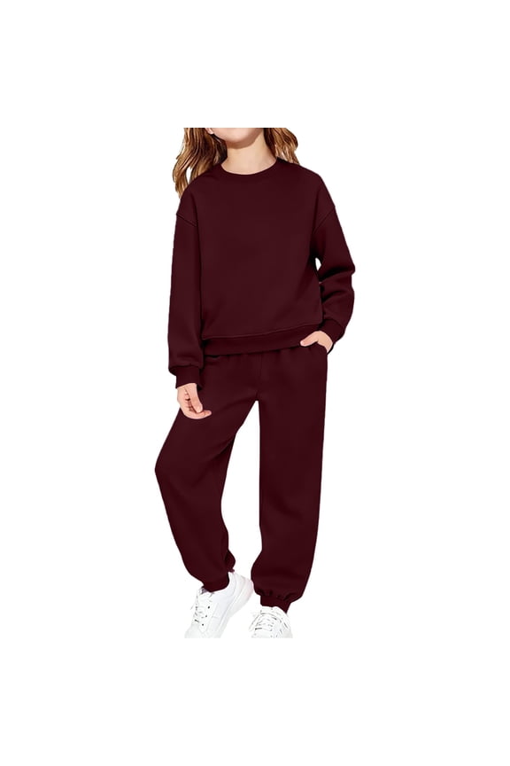 Kids Unisex 2 Piece Sweatsuit Boys Girls Solid Color Crewneck Pullover Sweatshirt Sweatpant Athletic Jogging Pants set