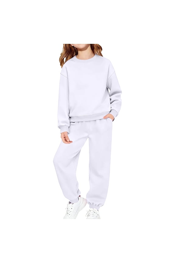 Kids Unisex 2 Piece Sweatsuit Boys Girls Solid Color Crewneck Pullover Sweatshirt Sweatpant Athletic Jogging Pants set