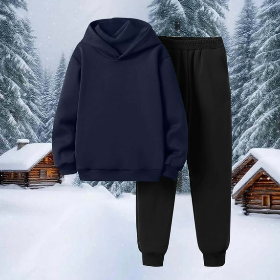 Kids Unisex 2-Piece Tracksuit Set - Navy Hooded Top & Jogger Pants, Warm 100% Polyester Active Wear for 5-14 Years, Machine Washable School/Playdate Casual,Size 9-10T