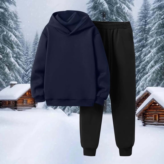 Kids Unisex 2-Piece Tracksuit Set - Navy Hooded Top & Jogger Pants, Warm 100% Polyester Active Wear for 5-14 Years, Machine Washable School/Playdate Casual,Size 9-10T