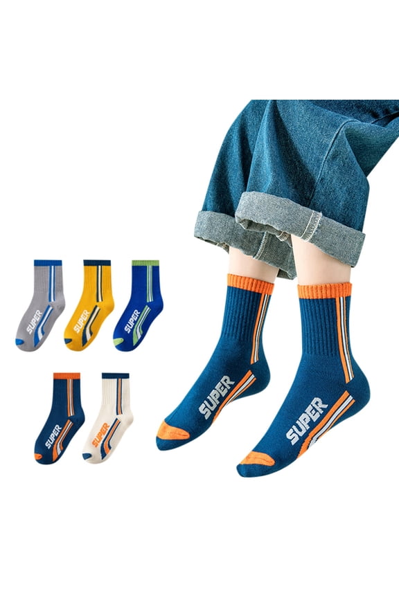 Kids Unisex Active Sport Socks Athletic Crew Length Letter Print Soft Breathable Long Knit Socks Pack Dark Blue