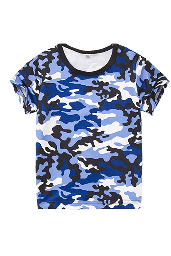 Kids Unisex Camouflage Print T-Shirt Short Sleeve Crewneck Pullover Tee Top Stage Performance Wear 4-13Y Blue