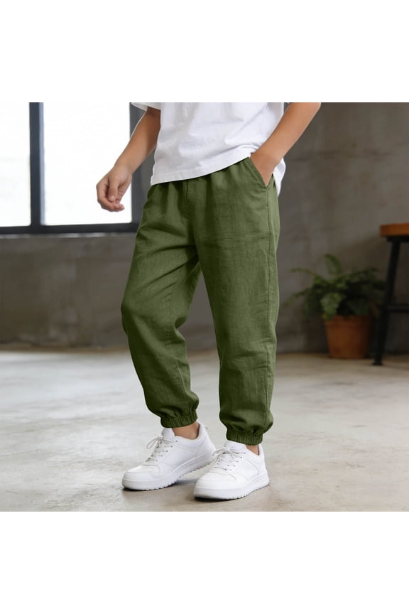 Kids Unisex Joggers Soft Cotton Linen Harem Pants Elastic Waist and Cuffed Ankle Loose Fit Baggy Trousers for Kindergarten Play, 5T-15Y