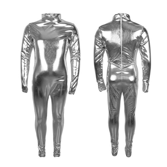 Kids Unisex One Piece Jumpsuit Shiny Metallic Stretch Mock Neck Long Sleeve Unitard for Dance Performance, 4-13Y