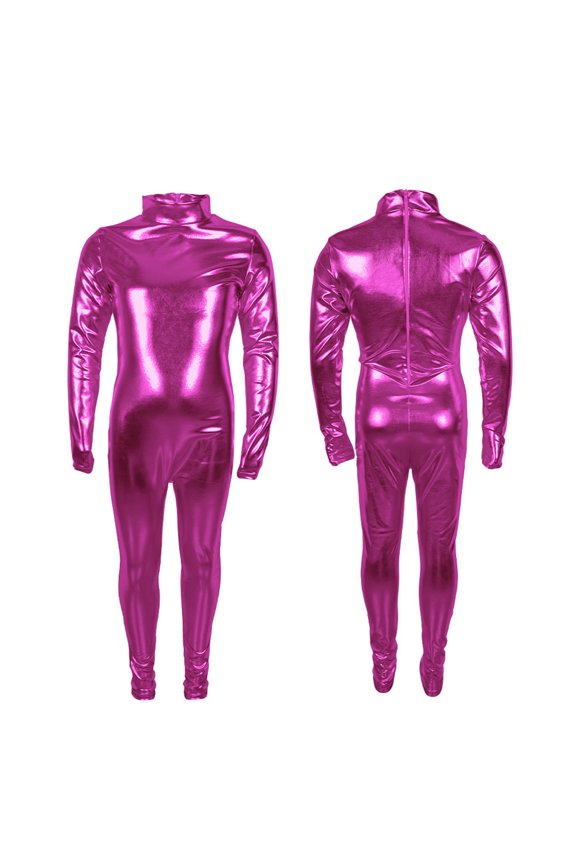 Kids Unisex One Piece Jumpsuit Shiny Metallic Stretch Mock Neck Long Sleeve Unitard for Dance Performance, 4-13Y