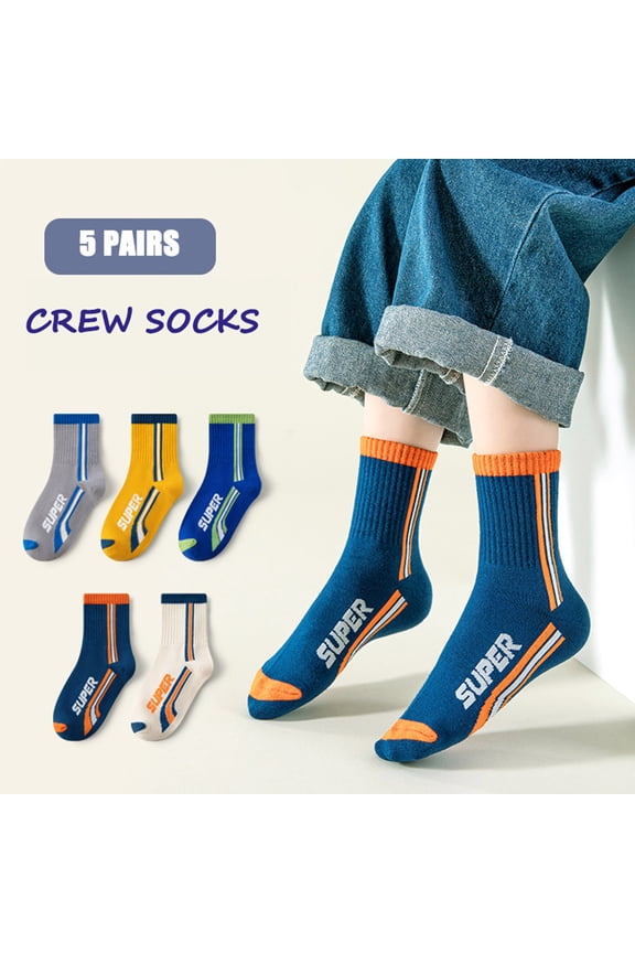 Kids Unisex Sporty Letter Graphic Crew Socks Breathable Ribbed Knit Athletic Ankle Running Socks Boys Girls Dark Blue