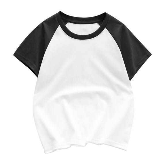 Kids Unisex Summer Short Sleeve T Shirts Round Neck Patchwork Sleeve Cotton Soft Breathable Children's Basic Tee TopsBlack,8 Years