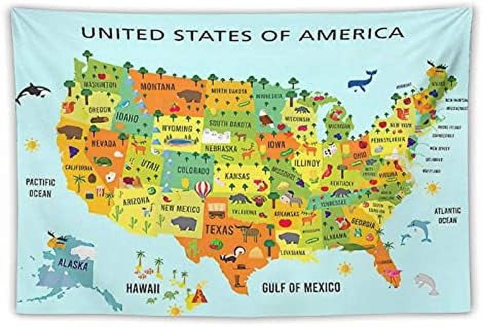 Kids United States Map Tapestry Funny Cartoon Animals Geographic