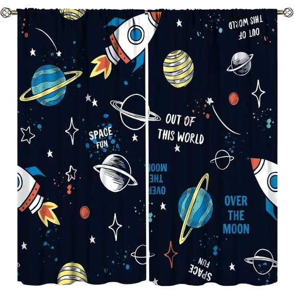 Kids Universe Curtains Solar System Planet Rocket Spacecraft Galaxy Print Curtain with Rod Pocket for Bedroom Living Room Home Decor Drapes Window Treatments 2 Panels Set 84" W X 84" L