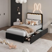 Kids Upholstered Bed with LED Headboard & Storage Drawers. Bed Frame Velvet Platform Bed for Girls Bedroom