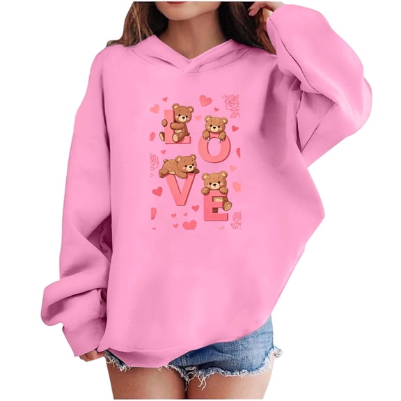 Kids Valentine Hoodies Long Sleeve Festival Print Pullover Tops Casual Loose Holiday Hooded Sweatshirts (13 Years, Pink-B)